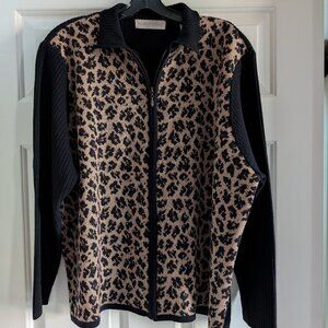 Valerie Stevens II Leopard Print Wool Zip Up Merino Wool Cardigan Sweater